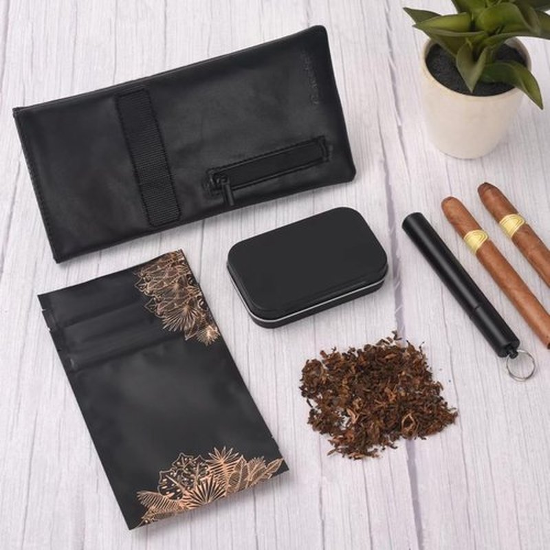 Gosstek Pocket Size Smell Proof Storage Bag with 3 Small Accessories, PU Leather Smell Proof Storage Case and Great Gift for Women, Portable Pocket Pouch for Home and Travel (Black Set)