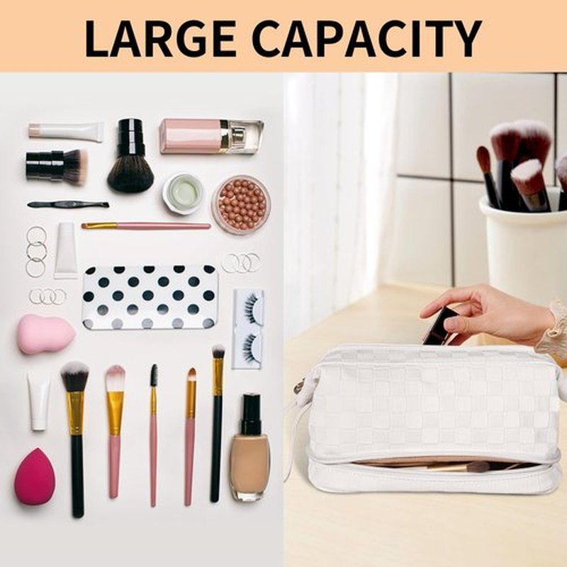 Abiudeng Large Makeup Bag,Double Layer Cosmetic Bag,Travel Makeup Bag,Leather Makeup Bag, Cosmetic Travel Bags,Portable Leather Toiletry Bag,Roomy Cosmetic Bag for Women and Girls