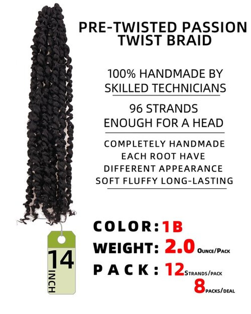 14 Inches 8 Packs Passion Twist Crochet Hair-Pre-twisted Passion Twists,Pre-Looped Crochet Braids Made Of Bohemian Hair Synthetic Braiding Hair Extensions (14 Inch(Pack of 8), 1B)