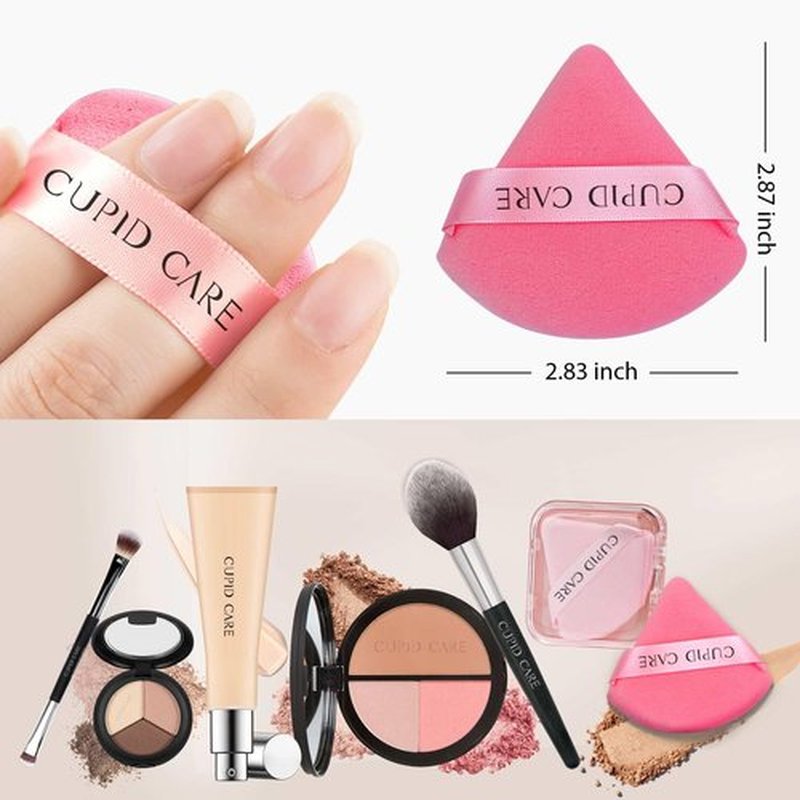CUPID CARE 6 Pcs Triangle Powder Puff with 2 Travel Cases, Setting Powder Puffs for Face Powder and Foundation, Velour Makeup Puff for Loose Powder Body Powder, Skin-Friendly, Beauty Makeup Tools-Red