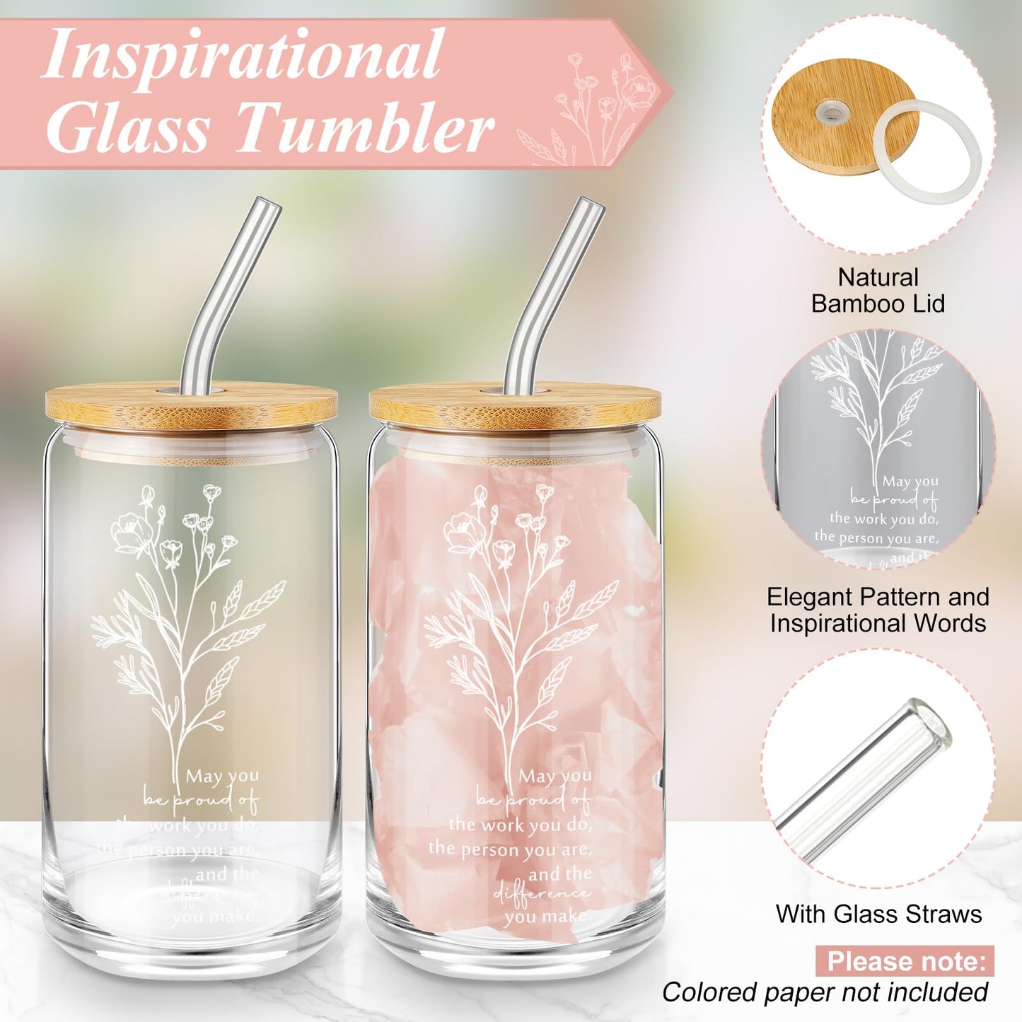Funnymoom 6 Pcs End of Year Gifts Set 17oz Aesthetic Glass Tumbler Floral Makeup Bag Inspirational Journal Glitter Ballpoint Pens for Student Teacher Women School Staff Coworker Retirement