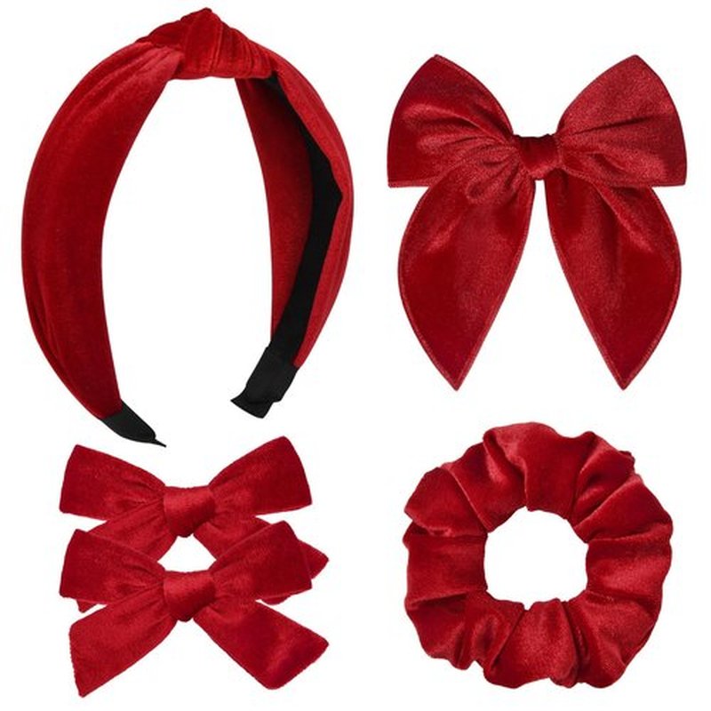 DEEKA Velvet Hair Bows & Knotted Headband & Scrunchy Fable Hair Bow Headband Set Velvet Scrunchies Alligator Clips for Toddler Girls Hair Accessories for Women and Girls (Red)