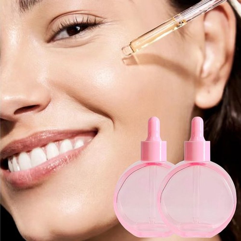 PYAWI 6Pcs, 2 oz Glass Dropper Bottles for Essential Oils ，60ml Pink flat round perfume bottle with Eye Droppers， for Essential Oils, Perfumes, Serums - Leakproof for Travel (A-Pink)