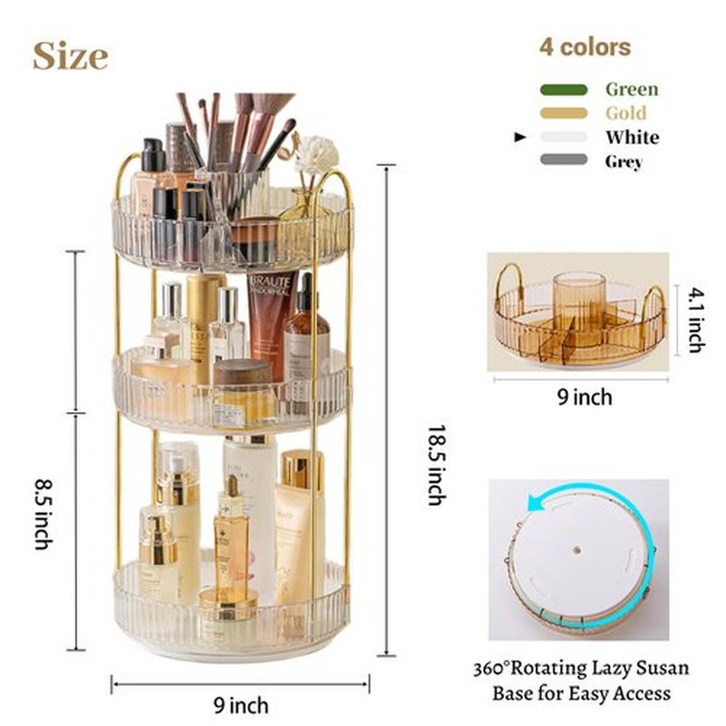 Aveniee 360° Rotating Makeup Organizer, Perfume Skincare Bathroom Countertop Vanity Organizers, Clear 3 Tier Spinning Skincare Storage Organizer for Lipstick Cosmetic Makeup Brushes Lotion(White)