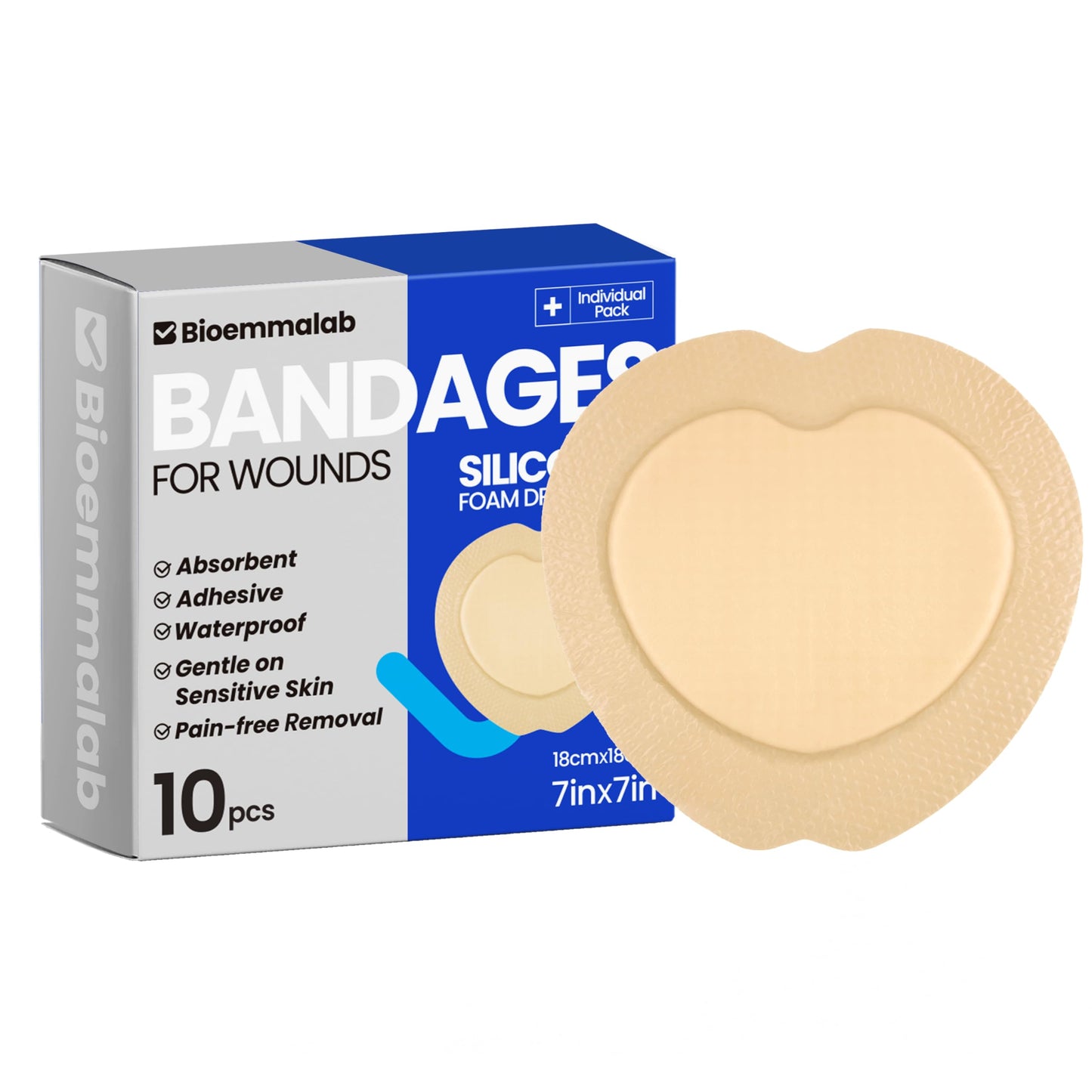 Large Waterproof Bandages Wound Care 7"x 7" Silicone Foam Dressings Sensitive Skin,10 PCS, Adhesive Bordered Pads for Bed Sore Pressure Relief Sacral Buttocks, Showering, Sterile Sacrum Care