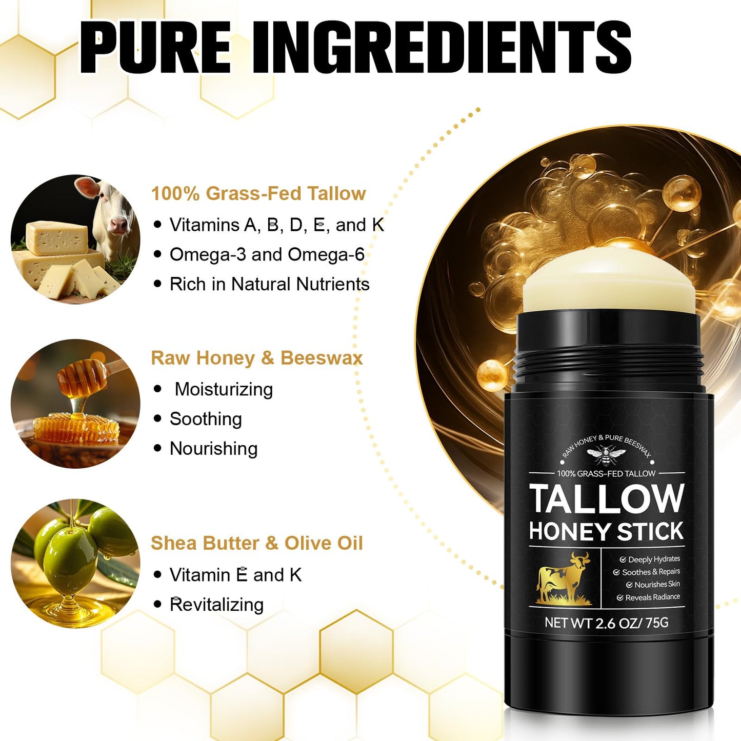 Mariayu Beef Tallow for Skin, Tallow and Honey Balm Stick for Face & Body, 100% Grass-Fed Beef Tallow, with Raw Honey and Beeswax, Natural Formula and Nourishing Dry Skin Care