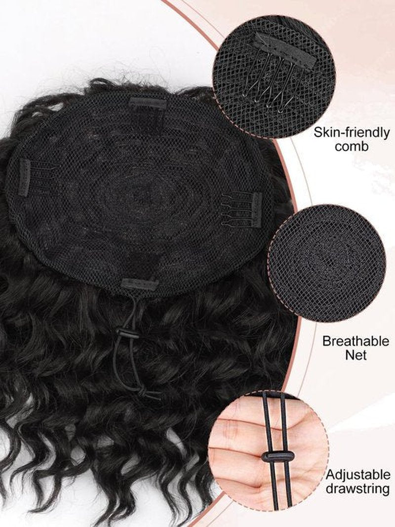 SUZYACCKR Wavy Curly Ponytail Extension, 8 Inch Natural Black Short Soft Natural Synthetic Hairpiece Thick Drawstring Ponytail for Black Women for Daily Use
