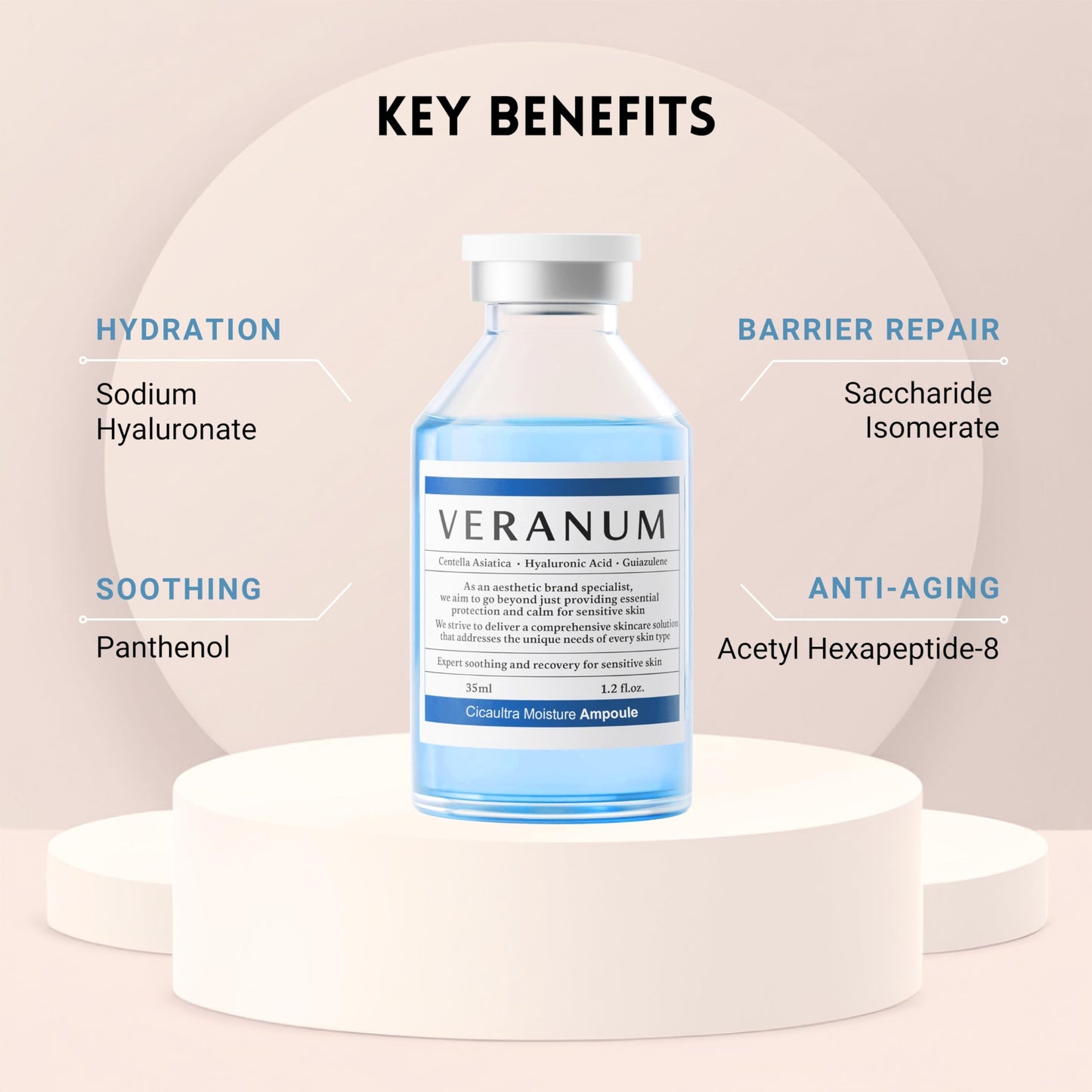 Veranum Cicaultra Moisture Ampoule – Korean Peptide & Hyaluronic Acid Face Serum for Sensitive Skin – Deep Hydration, Barrier Repair & Glass Glow Firmness – 1.2 fl oz (35 mL)