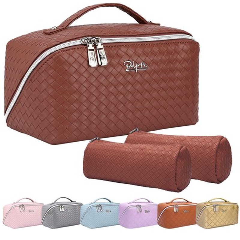 Travel Makeup Bags Cosmetic Organizer Bag: Large Capacity Make up Bag Set of 3 - Vegan Leather Toiletry Bag for Women - Portable Makeup Organizer with Compartments & Handle & Divider (1 Brown)