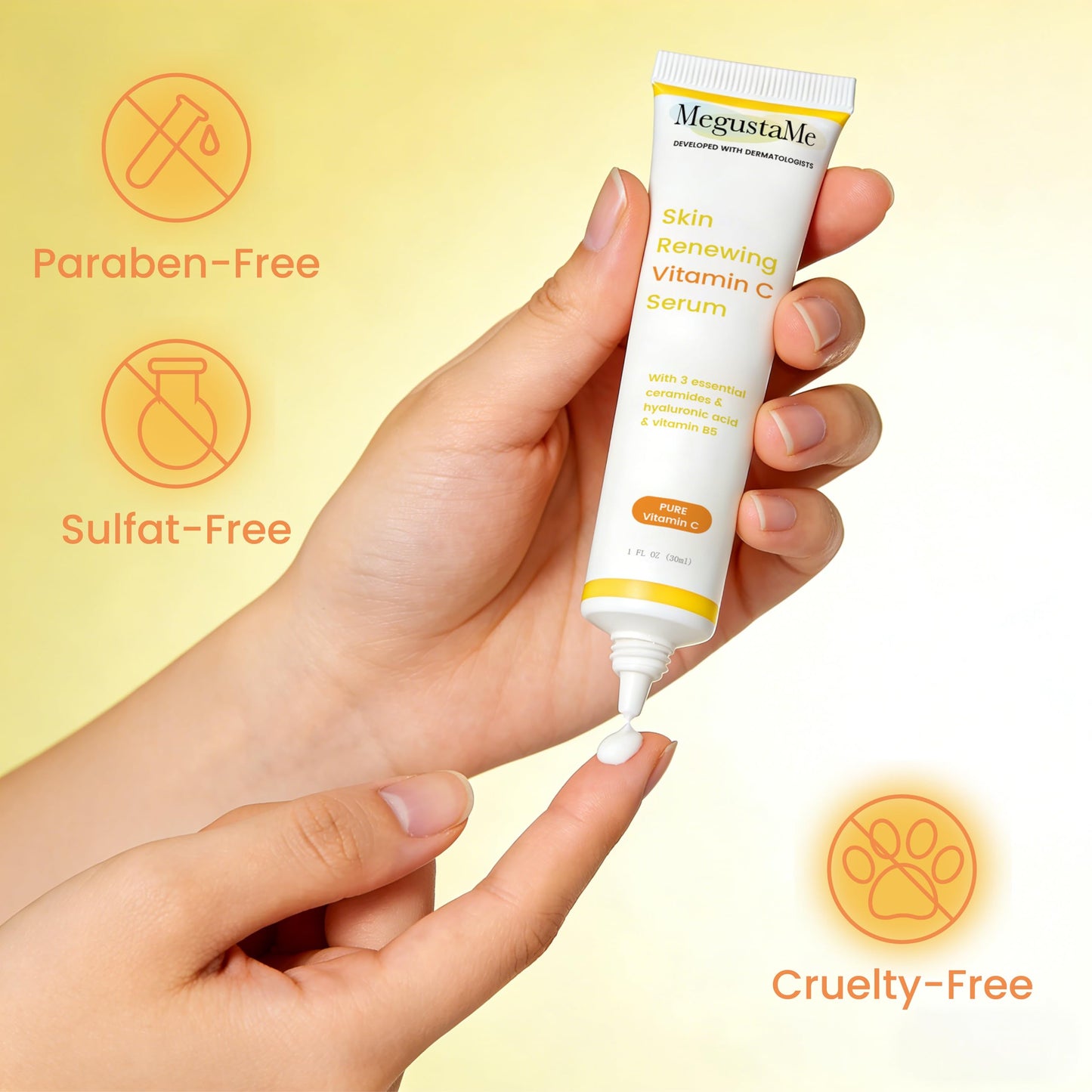 MegustaMe Skin Renewing Vitamin C Serum 30ml - Pure Vitamin C Serum Dermatologist Developed Brightening Antioxidant Face Serum for Glowing Skin,Hydrating Skin Barrier Repair Serum.