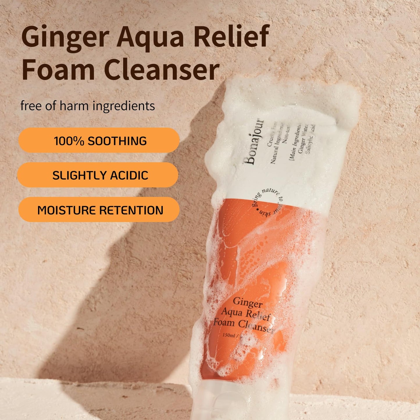 BONAJOUR] Ginger Aqua Relief Foam Cleanser - Acne relief, gentle exfoliation, pore tightening, and skin soothing for sensitive skin