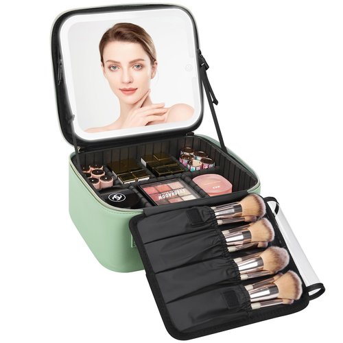 Relavel Makeup Bag With LED Mirror, Travel Makeup Organizer Train Case with 3 Color Lighting Brightness, Rechargeable Cosmetic Vanity Case for Women with Makeup Brush Compartments, Green