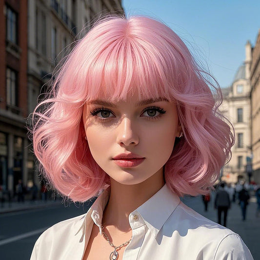 Amarlis Pink Curly Bob Wig with Bangs for Women, Natural Wavy Heat Resistant Synthetic Wig for Cosplay Daily Party Use