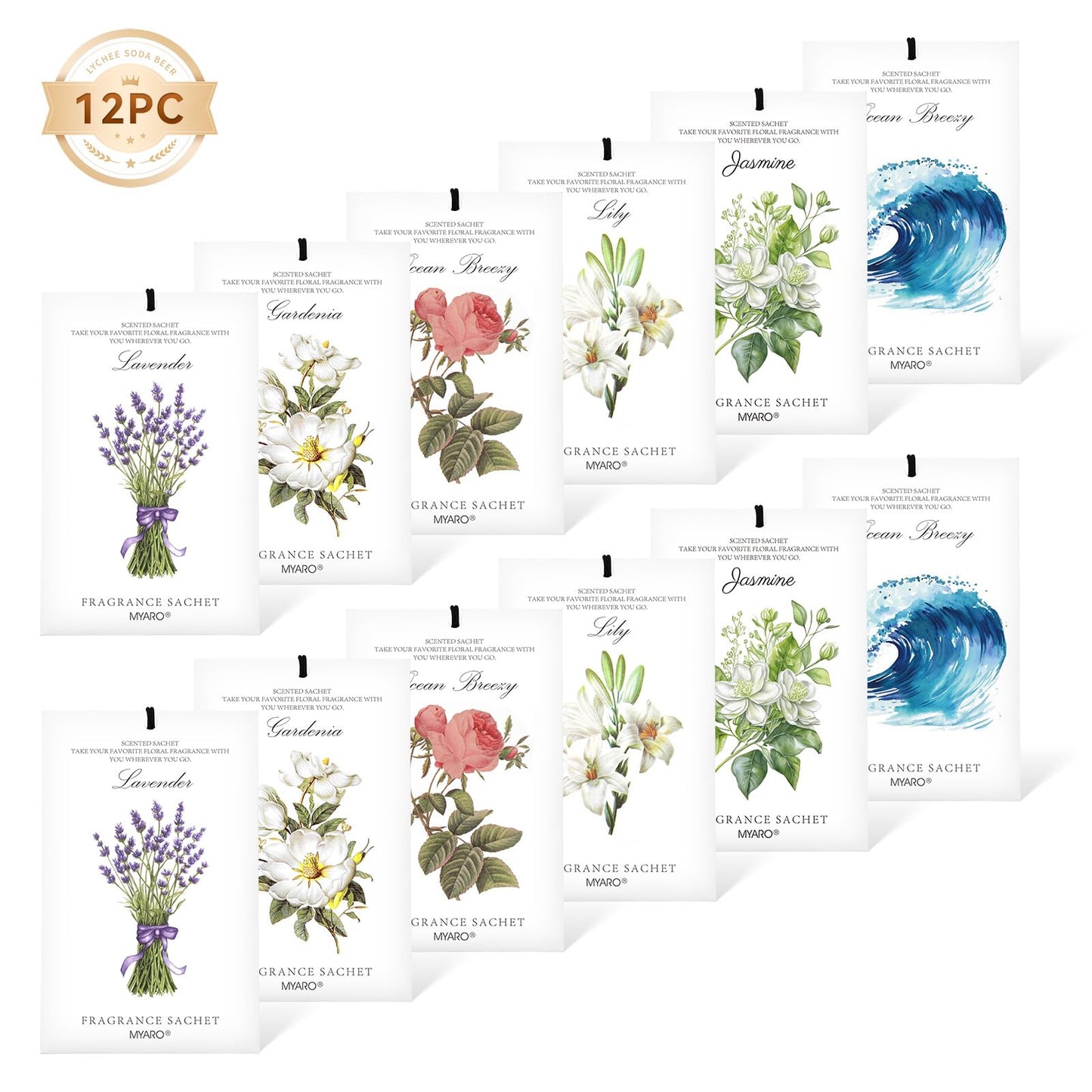 MYARO 12 Pack Assorted Floral Scented Sachets - Lavender, Rose, Jasmine, Ocean, Gardenia & Lily | Drawer, Closet & Car Air Freshener Bags | Multi-Scent Home Fragrance Gift Set