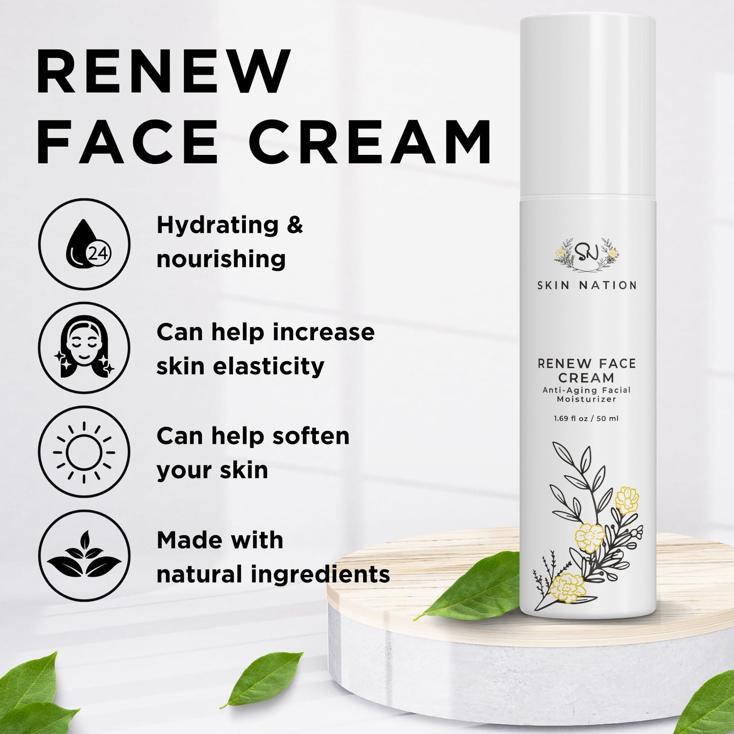 Skin Nation Renew Face Cream, Hydrating Moisturizer with Peptides, Hyaluronic Acid & Green Tea, Lightweight Plant-Based Cream for Smooth, Radiant Skin, 1.69 fl oz
