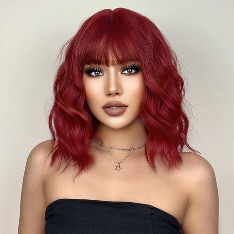 incohair Wine Red Wig with Bangs Women Girls Short Curly Wavy Bob Wig Shoulder Synthetic Halloween Party Wigs Wig Cap Included