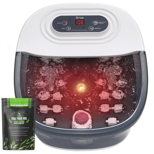 drizo Foot Spa Bath Massager with Heat, Vibration, Temp Control, Bubbles, Epsom Salt and Red Light,Foot Soaker with 22 Massage Rollers,Foot Bath Massager for Relax,Gray