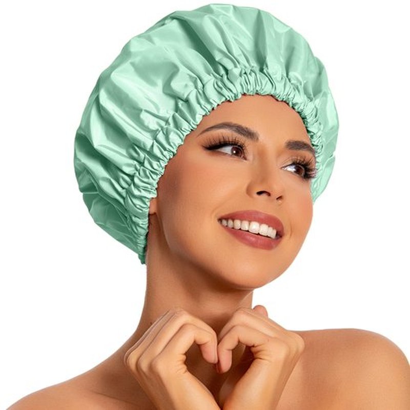 Reusable Shower Cap for Women, Large Waterproof Shower Bonnet Washable Elastic Band Bath Hair Hat for Long Hair, Braids(Green Bean)