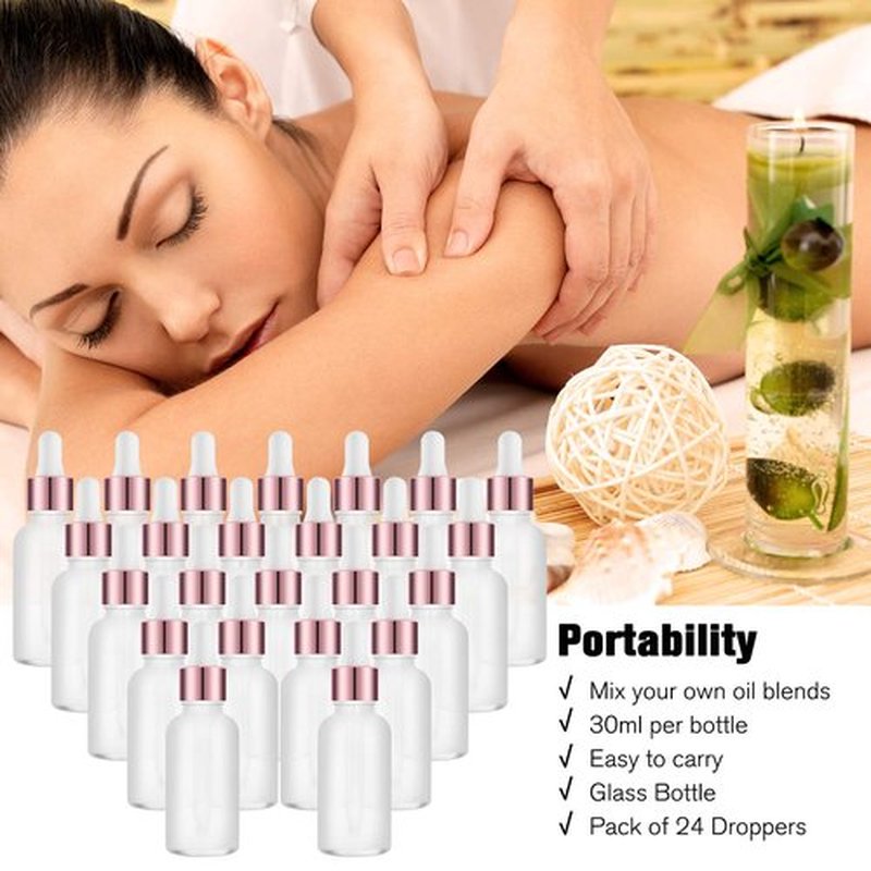 PrettyCare Eye Dropper Bottle 1 oz (24 Pack Frost Rose Glass Bottles 30ml with White and Rose Caps, 48 Labels, Funnel & Measured Pipettes) Empty Tincture Bottles for Essential Oils, Perfume