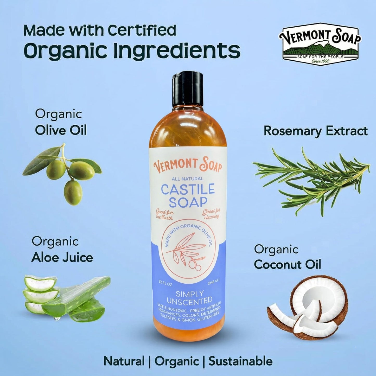 Vermont Castile Soap Unscented, Gentle Liquid Soap for Sensitive Skin & Natural Body Wash, Organic Hair Shampoo for Oily Hair, Aloe Castile Soap for Men & Women - 32 oz