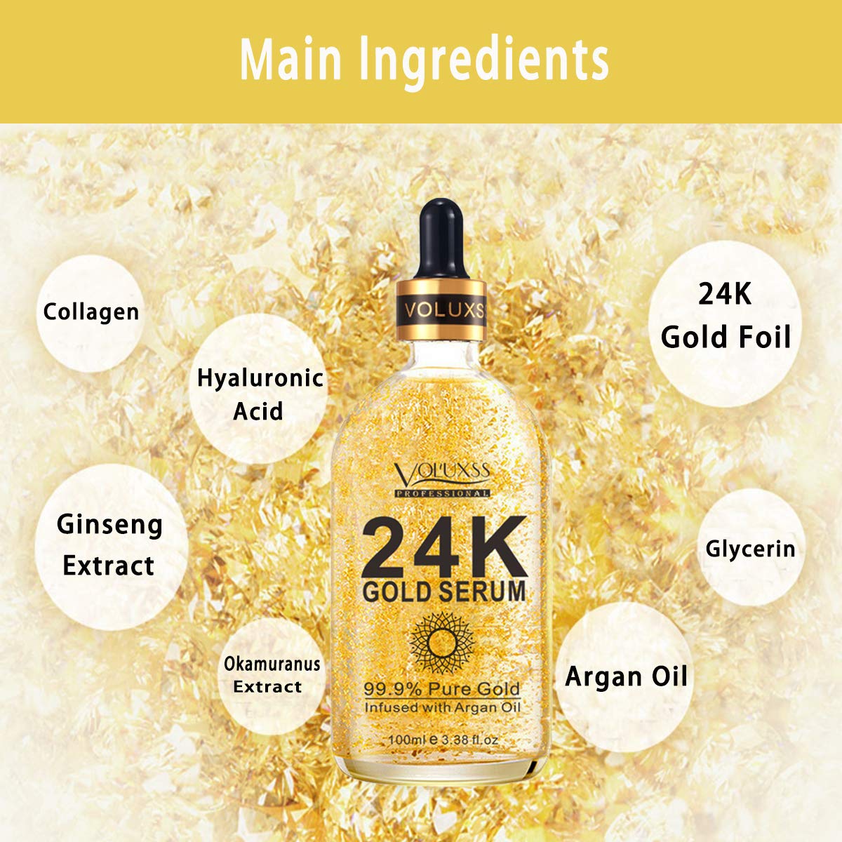Voluxss 24K Gold Serum for Face,Skin Brightening Anti Aging Face Serum Moisturizer with Vitamin C,Hyaluronic Acid & Argan Oil for Dark Spots & Fine Lines,Korean Skin Care Glow Collagen Booster