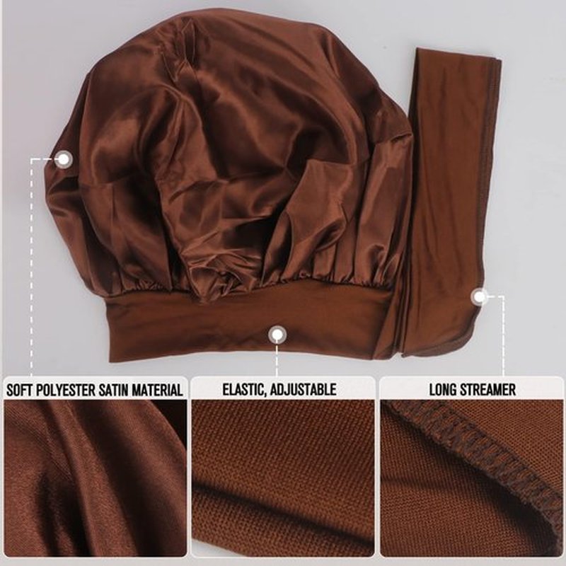 Arqumi Satin Silk Bonnet for Sleeping Women - 2 Pcs Large Long Strap Tie Band Adjustable Sleep Night Shower Cap Hair Bonnet Wrap for Men Reusable, Pink+ Brown