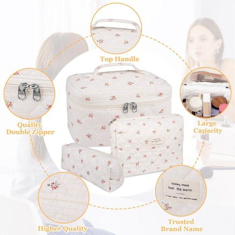 Makeup Bag Set, Quilted Makeup Bag, Large Floral Cosmetic Bag for Women, Cute Cotton Makeup Bags, Flower Travel Toiletry Organizer Bag(Plaid Floer)