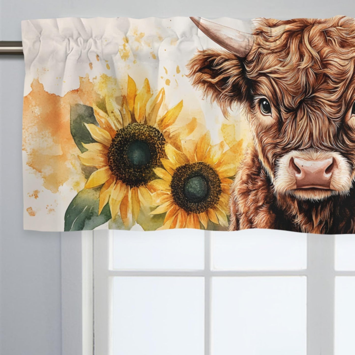 Pynnlts Watercolor Cow Sunflowers Curtains Highland Cow Window Valances Highland Yak Yellow Sunflower Kitchen Valances Farm Animal Rod Pocket Window Treatments for Living Room Bedroom 54x18 in 1 Pack