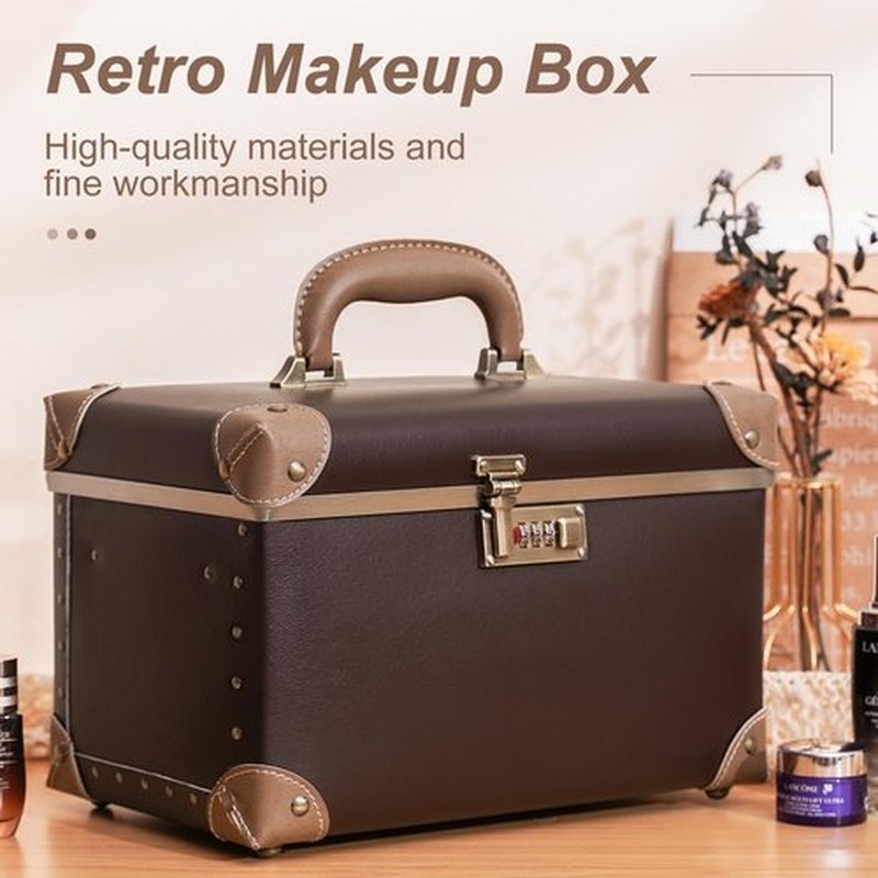 urecity Portable Makeup Train Case Cosmetic Organizer Case Leather Storage Box with Combination Lock (12.5", Dark Brown)