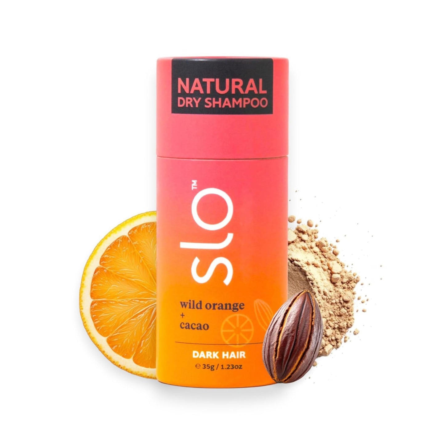 Slo Non Aerosol Dry Shampoo Powder for Dark Hair - Oil Absorbing Natural Dry Shampoo - No White Cast, Talc-Free, Vegan - Wild Orange + Cacao Scent - Compostable Paper Tube - (1.23oz/35g)