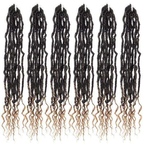 NISEYO NU Soft Locs With Curly Ends 18 Inch 6 Packs, Long Goddess Faux Locs Crochet Hair, T27(Ombre Honey Blonde)