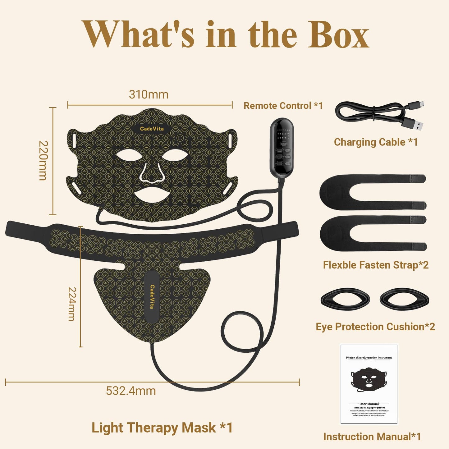 CadeVita Red Light Therapy Mask for Face and Neck, 7 Colors LED Face Mask with 173 LED Beads, 1200mAh Rechargeable Led Face Mask with Timer Function for Skin Care Device at Home and Travel, Black
