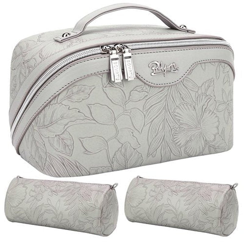 Travel Makeup Bags Cosmetic Organizer Bag: 3-Set Large Capacity Make up Bag - PU Leather Toiletry Bag for Women - Wide Open Portable Pouch with Divider & Handle (03-Light Gray)