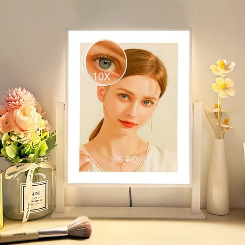 Acoolda 14.4"x12"Vanity Mirror with Lights, Makeup Mirror with Lights Three Color Lighting Modes, Dimmable Touch Screen, Detachable 10X Magnifying Mirror, Free Rotation,White
