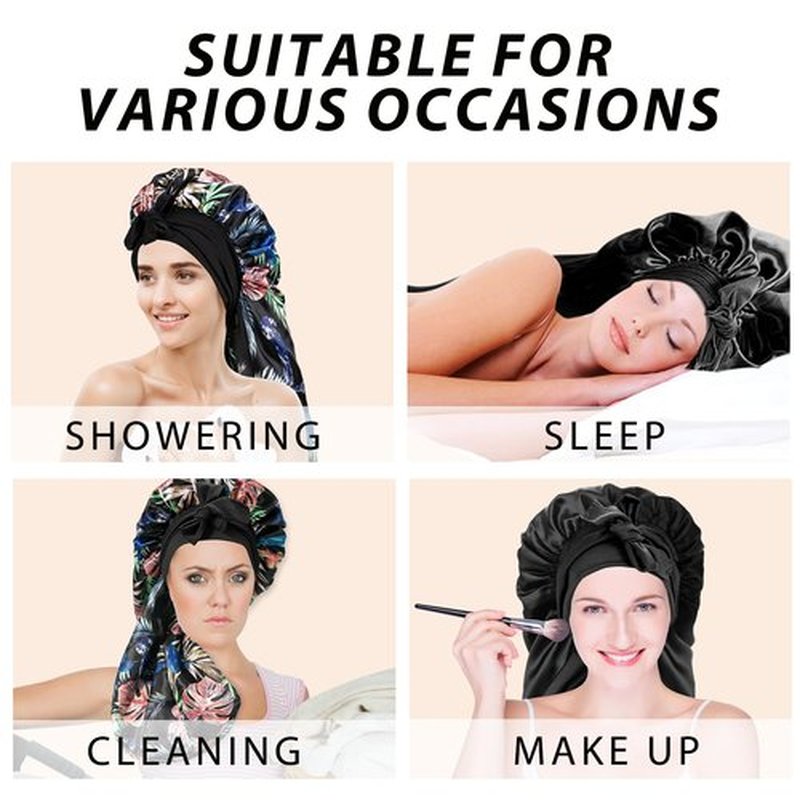 2Pcs Bonnets for Black Women Braid Bonnet, Large Long Satin Bonnet for Braids, Silk Bonnet with Stretchy Tie Band Sleep Cap Hair (2Pcs-Black&Black Pattern)
