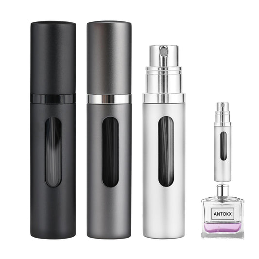 ANTOKX Perfume Travel Refillable Bottle - 3-Pack 5ML Pocket Perfume Atomizer, Travel Perfume Atomizer Refillable Perfume Spray Bottle, Portable Perfume Sprayer (Black & Gray & Silver)