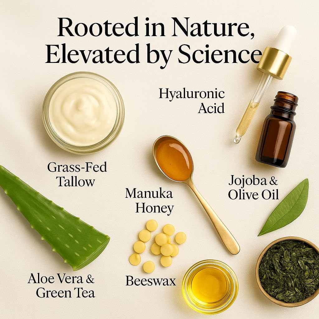 Bekirbech DeluxeChique Beef Tallow Face Moisturizer – Whipped Tallow & Honey Balm with Hyaluronic Acid, Manuka Honey, Aloe & Green Tea – Unscented Natural Skin Cream for Dry or Sensitive Skin – 4oz