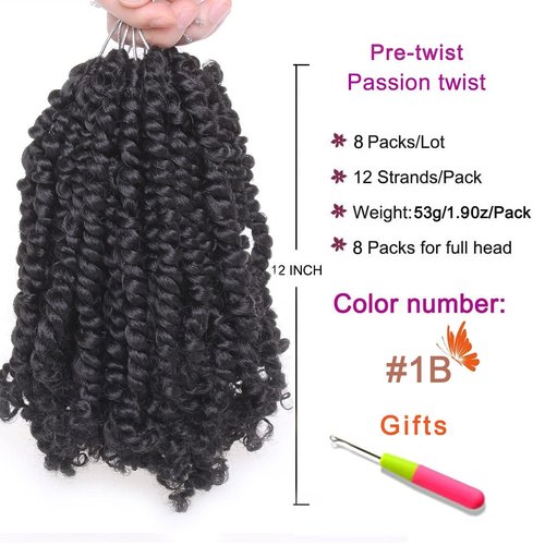 ZRQ Short 8 Packs Pre-twisted Bob Passion Twist Crochet Hair with Curly Ends 12 Inch Pre looped Black Passion Twists Hair 12 Roots/Pack Synthetic Bohemian Crochet Braids Hair for Black Women 1B#