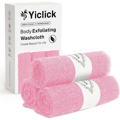 Yiclick Exfoliating Washcloth Towel [3 Pack], Japanese Exfoliating Bath Wash Cloth for Body Exfoliation, Korean Back Scrubber Washer for Shower, African Net Sponge Brush Loofah Exfoliator (Pink)
