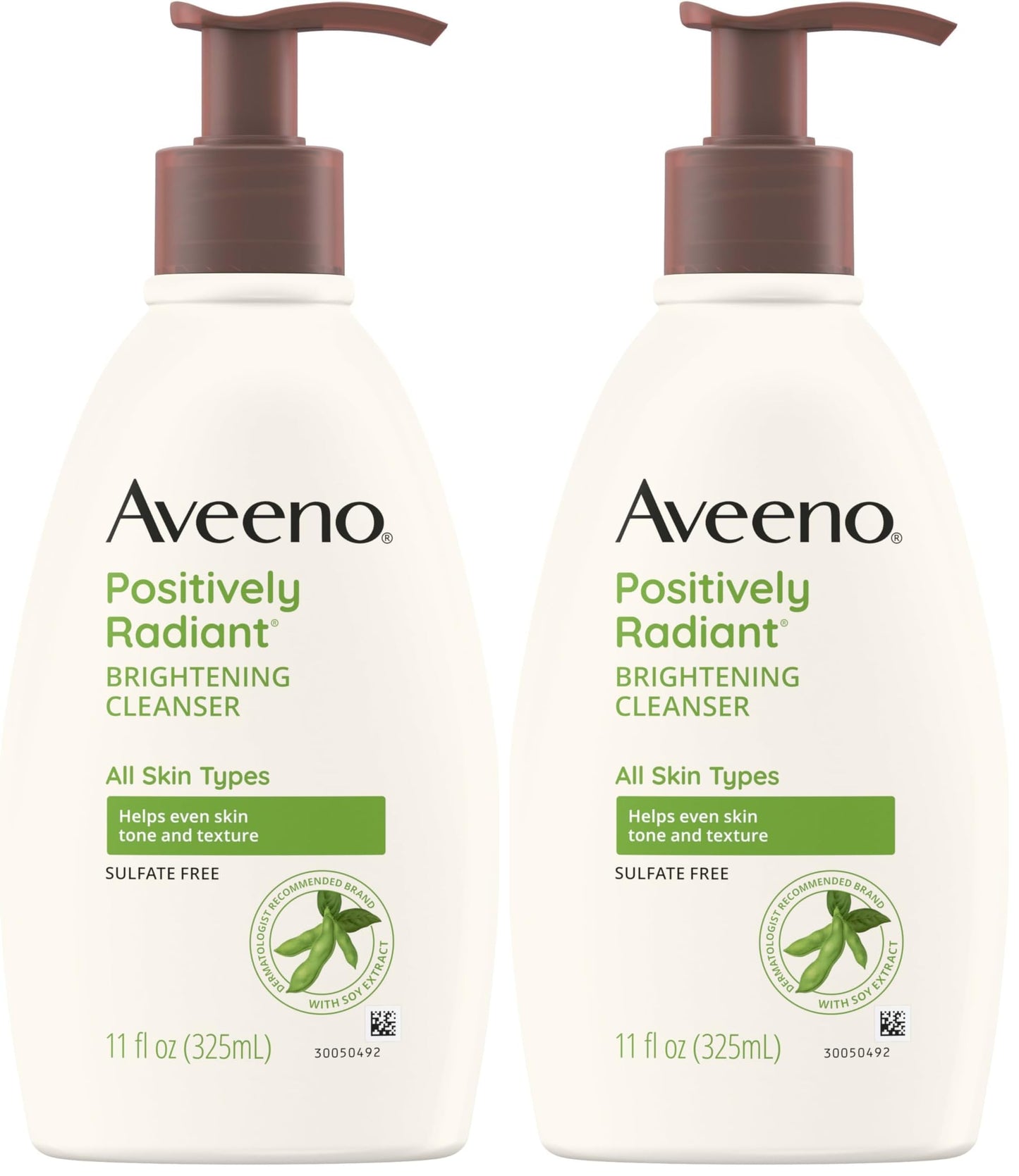 Aveeno Positively Radiant Brightening Facial Cleanser with Moisture Rich Soy Extract, Helps Even Skin Tone & Texture While Gently Lifting Away Dirt, Oil & Makeup, Sulfate-Free, 11 fl. oz (Pack of 2)