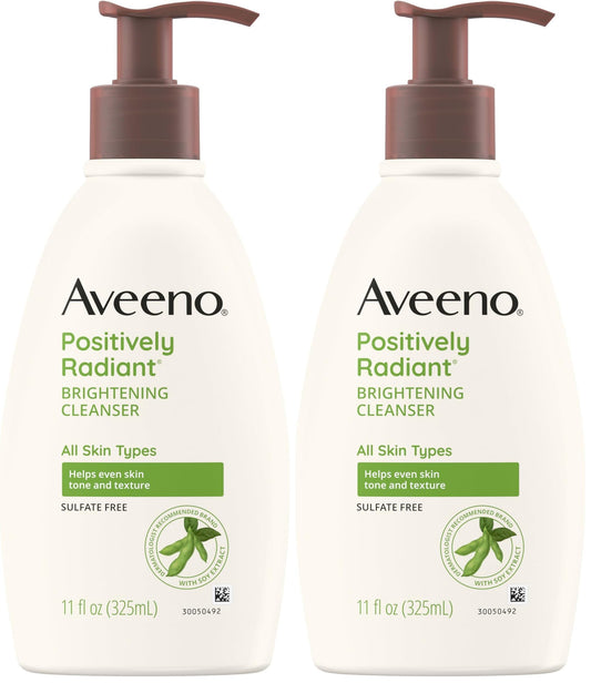 Aveeno Positively Radiant Brightening Facial Cleanser with Moisture Rich Soy Extract, Helps Even Skin Tone & Texture While Gently Lifting Away Dirt, Oil & Makeup, Sulfate-Free, 11 fl. oz (Pack of 2)