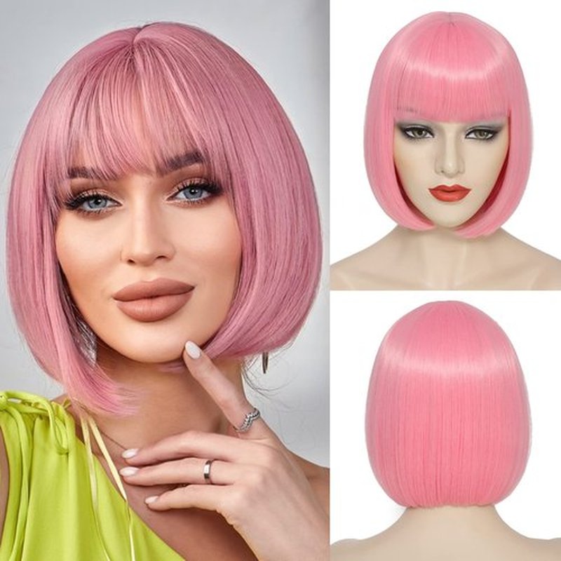 YBYMCAI Pink Bob Wig With Bangs Short Pink Bob Wigs For Women Straight Bob Bangs Wig 10 Inch Heat Resistant Synthetic Hair Natural Looking For Daily Party Use