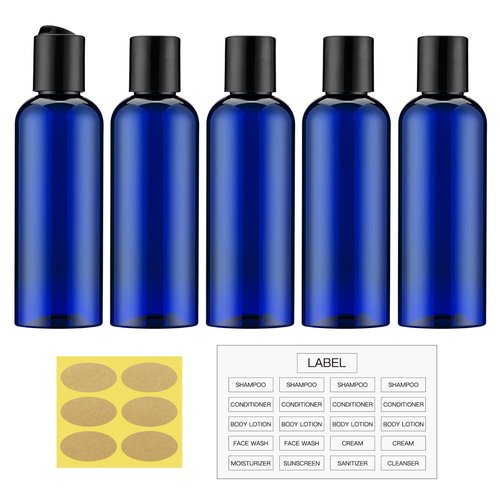 owlyee 3.4 oz Travel Bottles for Toiletries, Empty Travel Size Containers Tsa Approved, 5PCS Small Plastic Shampoo Bottles with Labels (100ml, Blue)
