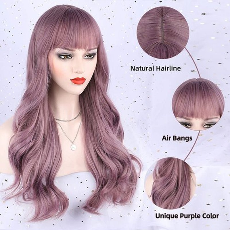 FORCUTEU Purple Wig with Bangs Long Purple Wavy Wigs for Women Purple Wavy Wigs Purple Heat Resistant Wigs for Daily Party Halloween (Purple 26inch)