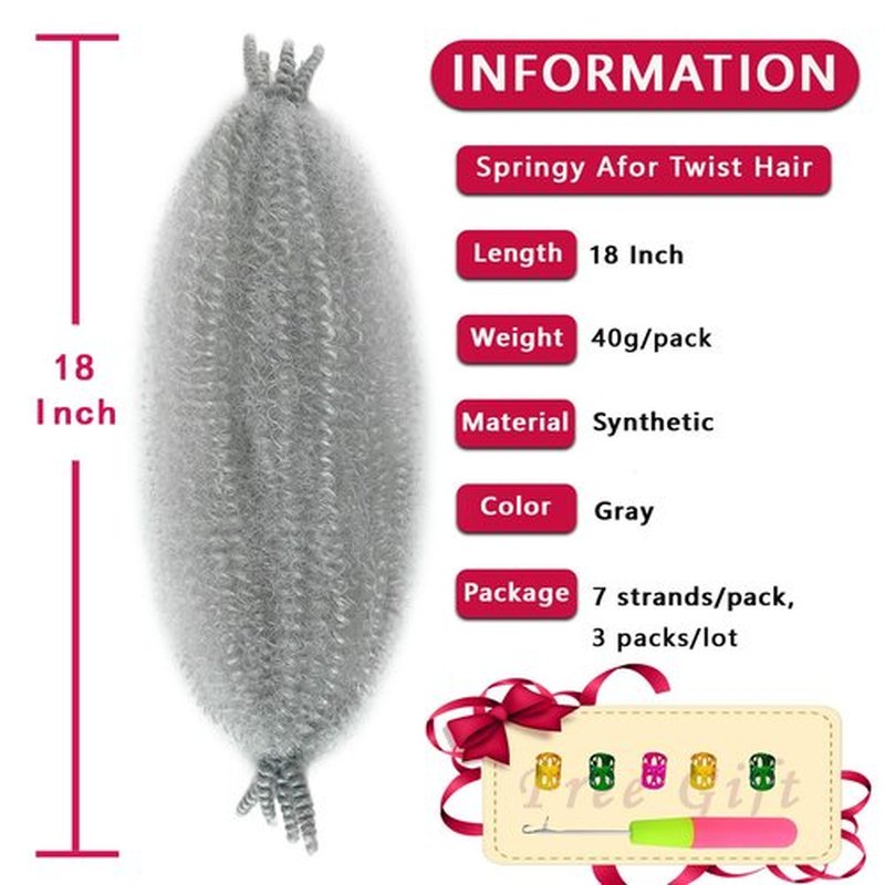Marley Twist Braiding Hair 18 Inch Springy Afro Twist Hair 3 Packs Gray Kinky Twist Hair Pre-separated Spring Twsit Hair Synthetic Curly Braiding Hair for Black Women(18 Inch (Pack of 3), Gray)