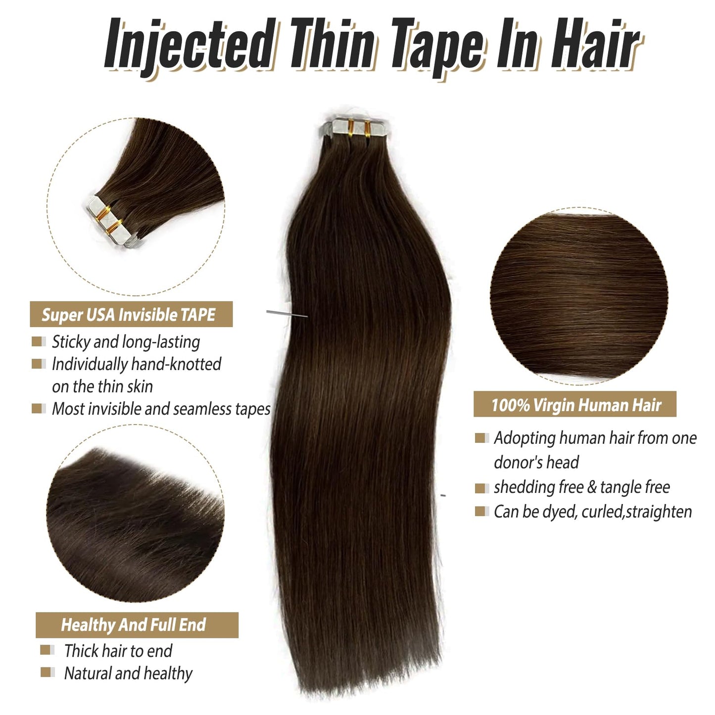 Brown Tape in Hair Extension Human Hair 20Inch 50g 20PCS Skin Weft Remy Straight Hair 2# Dark Brown Real Human Hair Extension