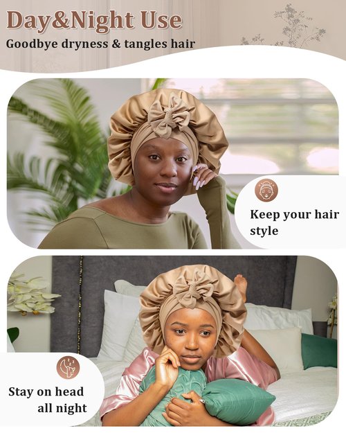 Reversible Satin Bonnet for Sleeping Women Silk Bonnet Double Layer Hair Bonnet with 2PCS Hair Scrunchies Elastic Tie Band Night Cap Hair Wrap for Natural Curly Hair (Coffee + Champagne)