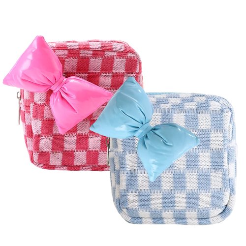 LYDZTION 2Pcs Small Makeup Bag Cosmetic Bag for Women, Checkered Makeup Bag Plaid Makeup Bag Cute Small Makeup Bag Storage Bag Travel Toiletry Bag Organizer Bow Pouch,Blue and Pink