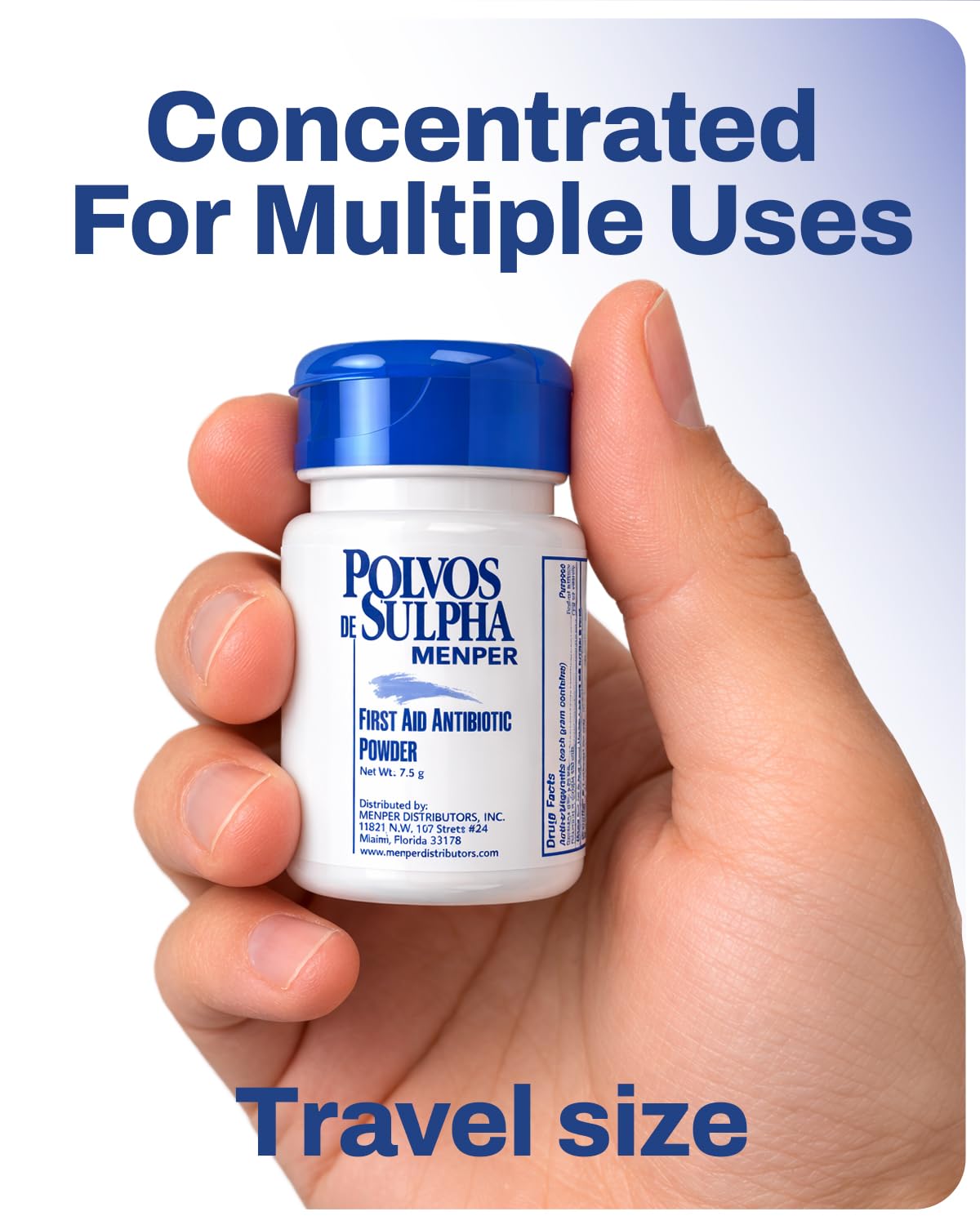 POLVOS DE SULPHA MENPER Antibiotic Powder with Bacitracin, First Aid Pain Relief, Healing Wound Seal Powder, Essential Wound Care Medicine for Travel, Effective Healing and Protection, 7.5g, 2-Pack