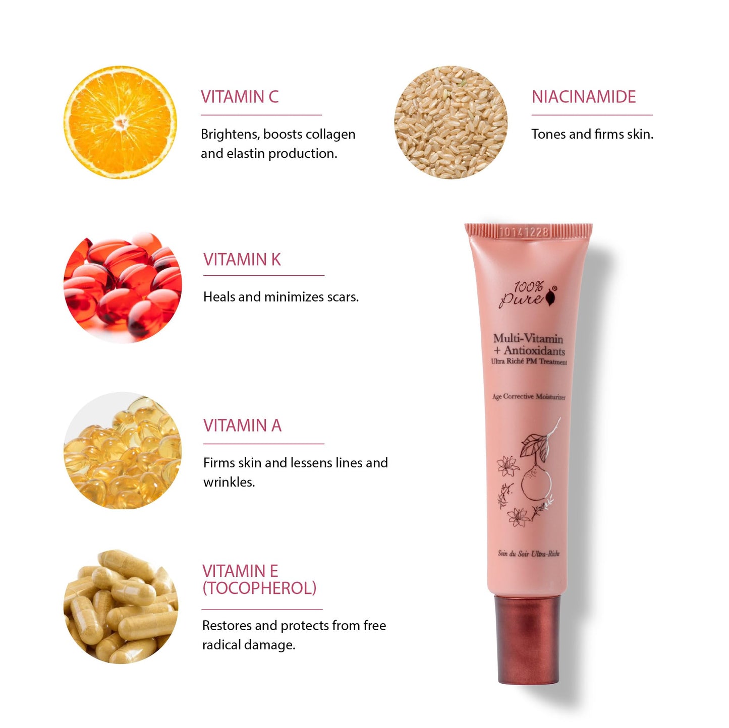 100% PURE Multi-Vitamin + Antioxidants Ultra Riche PM Treatment Skin Renewing Night Cream Vitamin C & Retinol Facial Moisturizer, Powerful Anti-Aging Moisture Replenishment - 1.5 oz